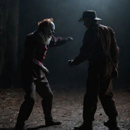 An intense and thrilling scene depicting Freddy Krueger and Pennywise engaged in an epic showdown in a dark, eerie setting.