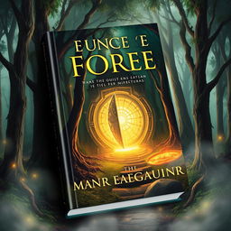 Create a captivating book cover featuring a mysterious forest with an ancient, glowing portal in the background