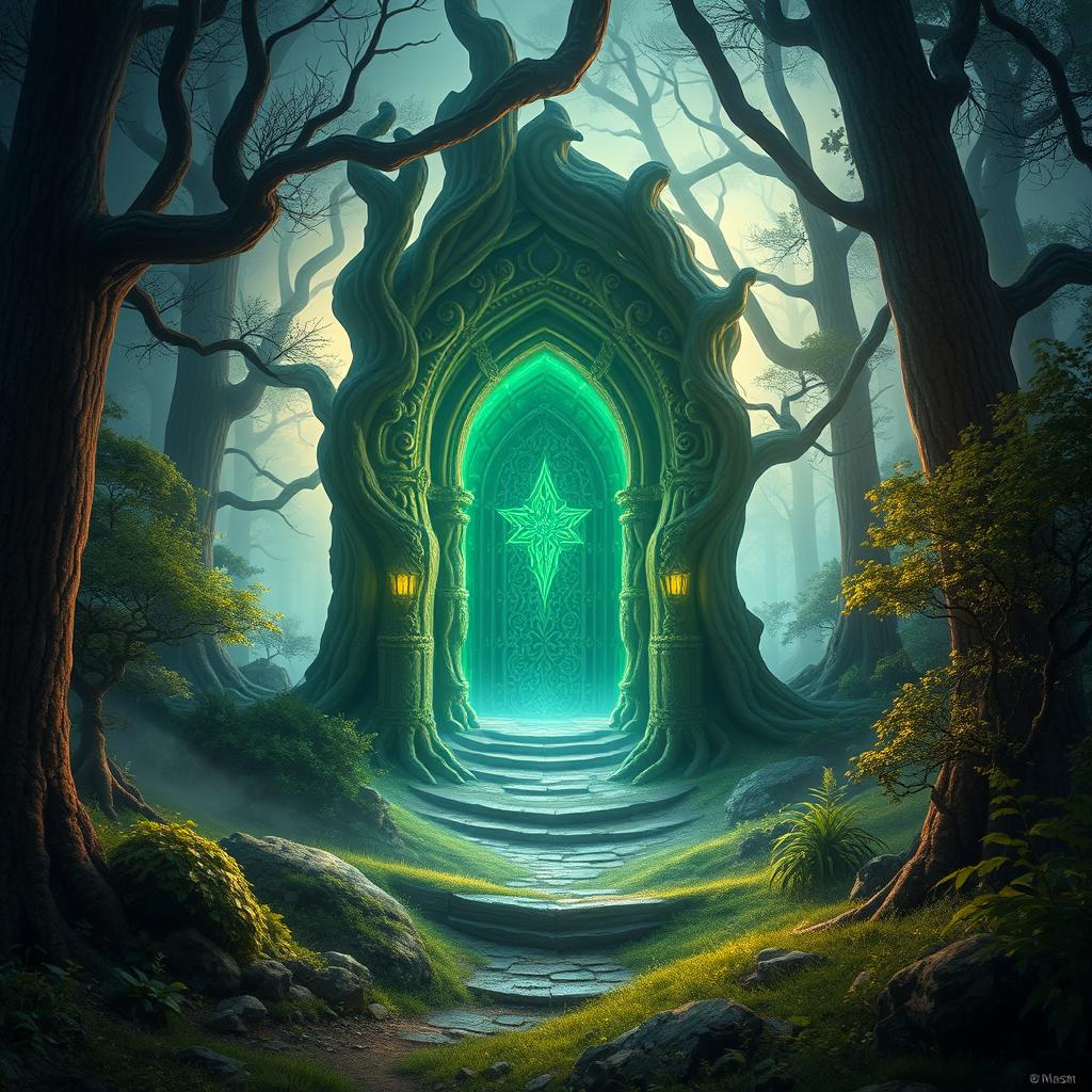 Create a captivating book cover featuring a mysterious forest with an ancient, glowing portal in the background