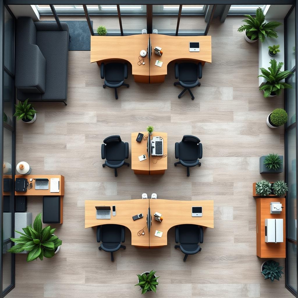 A detailed top-down view of a modern office space