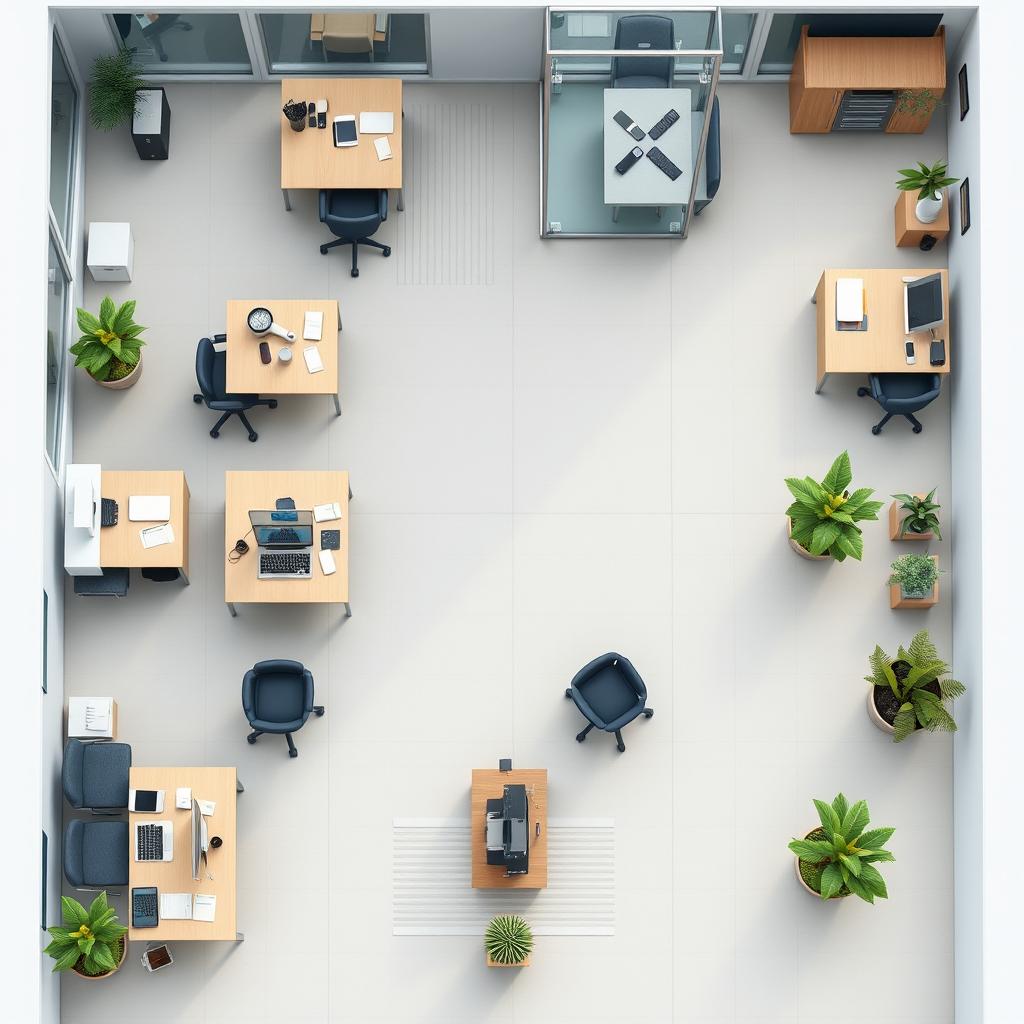 A detailed top-down view of a modern office space