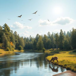 A serene landscape featuring a calm river flowing through a lush forest with tall trees