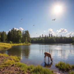 A serene landscape featuring a calm river flowing through a lush forest with tall trees