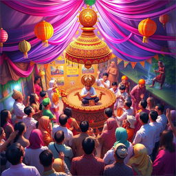 A vibrant and detailed image depicting a roundshow event for 'Sanak Guru Penggerak' in Tanah Laut