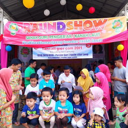 A vibrant and engaging scene featuring a community event called 'raundshow sanak guru penggerak tanah laut'