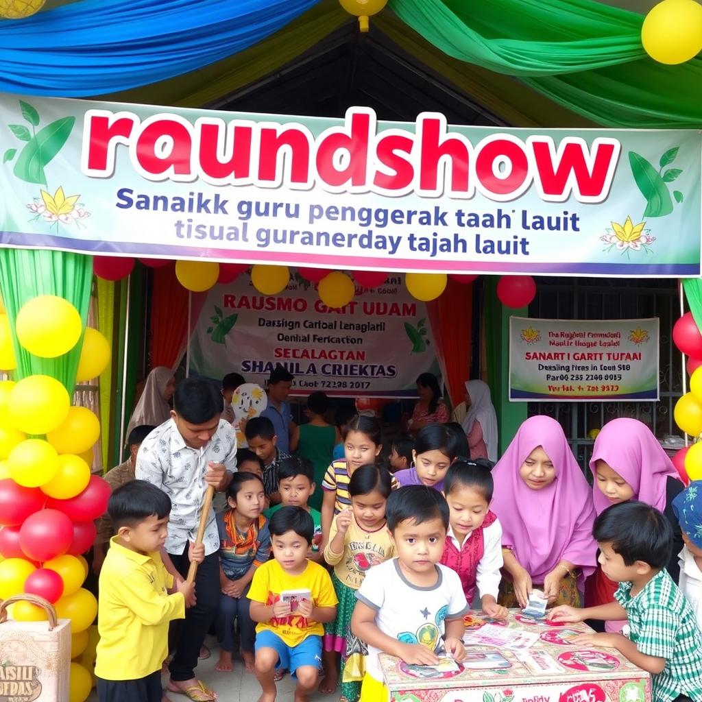 A vibrant and engaging scene featuring a community event called 'raundshow sanak guru penggerak tanah laut'