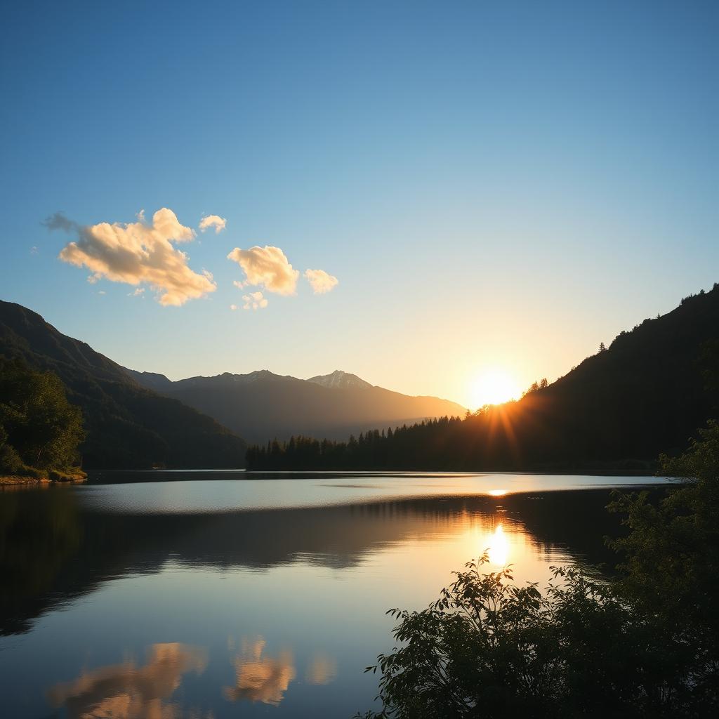 A serene landscape featuring a peaceful lake surrounded by lush green trees and mountains in the background