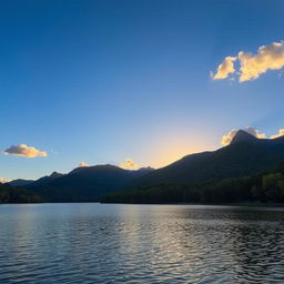 A serene landscape featuring a peaceful lake surrounded by lush green trees and mountains in the background