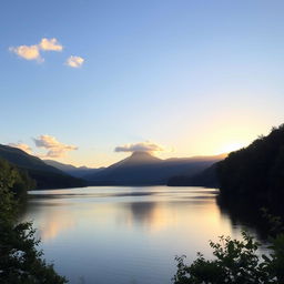 A serene landscape featuring a peaceful lake surrounded by lush green trees and mountains in the background