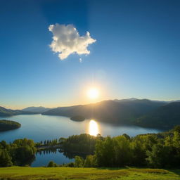 A serene landscape featuring a peaceful lake surrounded by lush green trees and mountains in the background