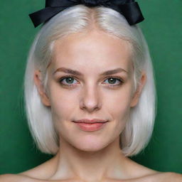 Photo of events of a naked girl 25 years, average build, with white hair. Proportional long square facial features, dimples in the cheeks, bow lips, large black eyebrows, smooth green medium eyes, swarthy skin.