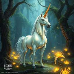 A mystical unicorn standing majestically in a fantasy forest