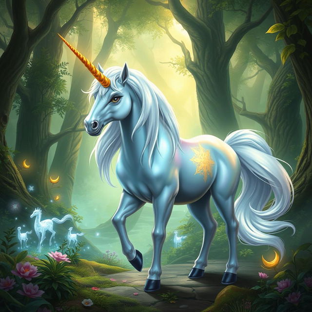 A mystical unicorn standing majestically in a fantasy forest