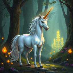 A mystical unicorn standing majestically in a fantasy forest