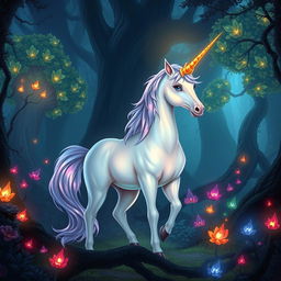 A mystical unicorn standing majestically in a fantasy forest