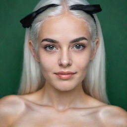 Photo of events of a naked girl 25 years, average build, with white hair. Proportional long square facial features, dimples in the cheeks, bow lips, large black eyebrows, smooth green medium eyes, swarthy skin.