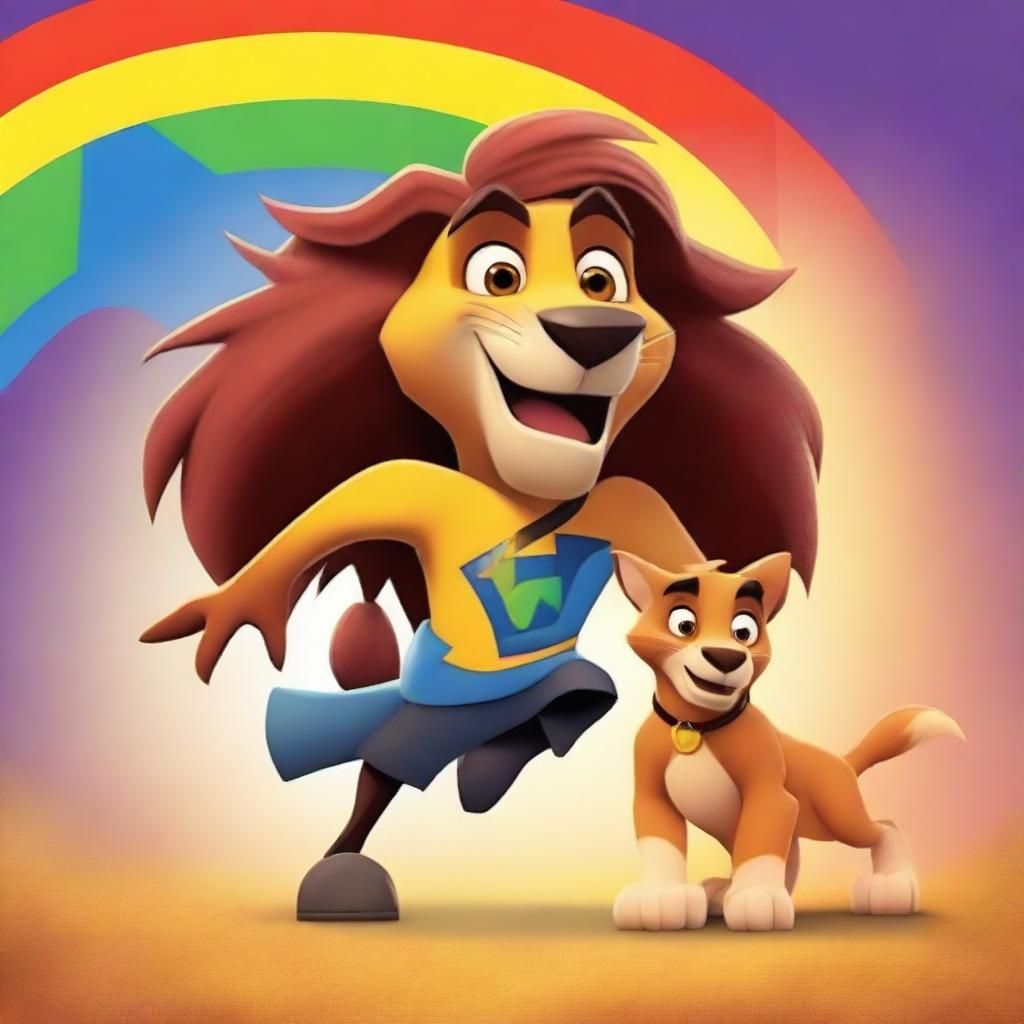 Create a vibrant and engaging image featuring Disney Pixar's Bolt, Loba, and a majestic lion