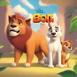 Create a vibrant and engaging image featuring Disney Pixar's Bolt, Loba, and a majestic lion