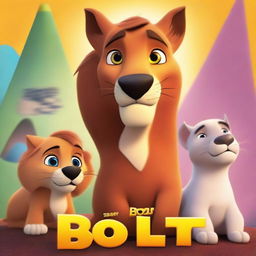 Create a vibrant and engaging image featuring Disney Pixar's Bolt, Loba, and a majestic lion