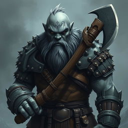 A mountain goliath knight with gray skin, wielding a one-handed axe, and adorned with rune tattoos on the face