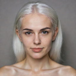 Photo of events of a naked girl 25 years, average build, with white hair. Proportional long square facial features, dimples in the cheeks, bow lips, large black eyebrows, smooth green medium eyes, swarthy skin.