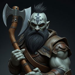 A mountain goliath knight with gray skin, wielding a one-handed axe, and adorned with rune tattoos on the face