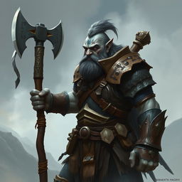 A mountain goliath knight with gray skin, wielding a one-handed axe, and adorned with rune tattoos on the face