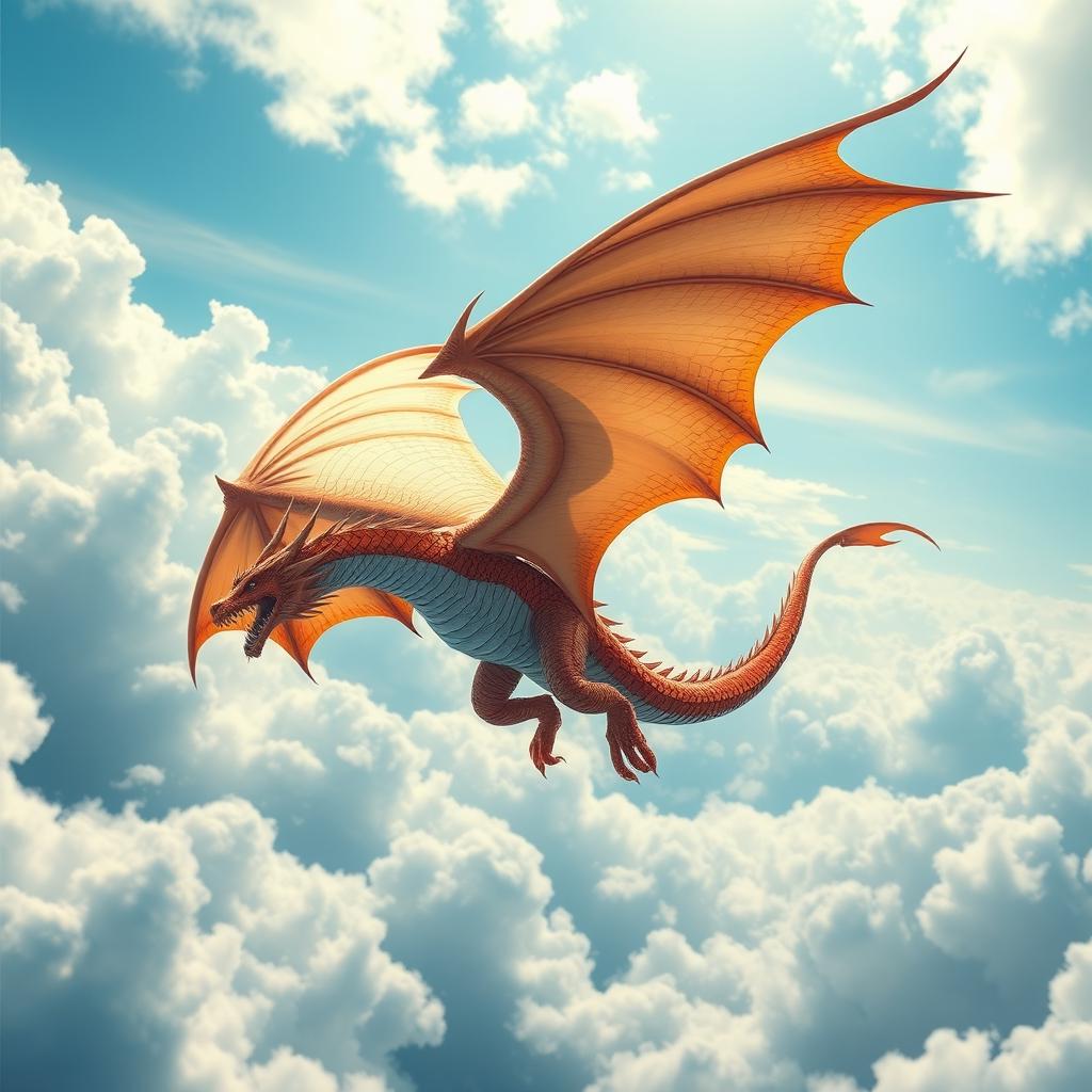 A majestic air dragon soaring through the sky with its wings spread wide, surrounded by clouds and a bright blue sky