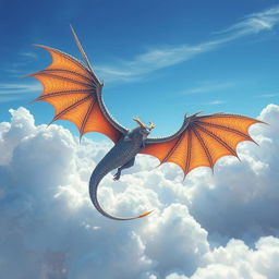 A majestic air dragon soaring through the sky with its wings spread wide, surrounded by clouds and a bright blue sky