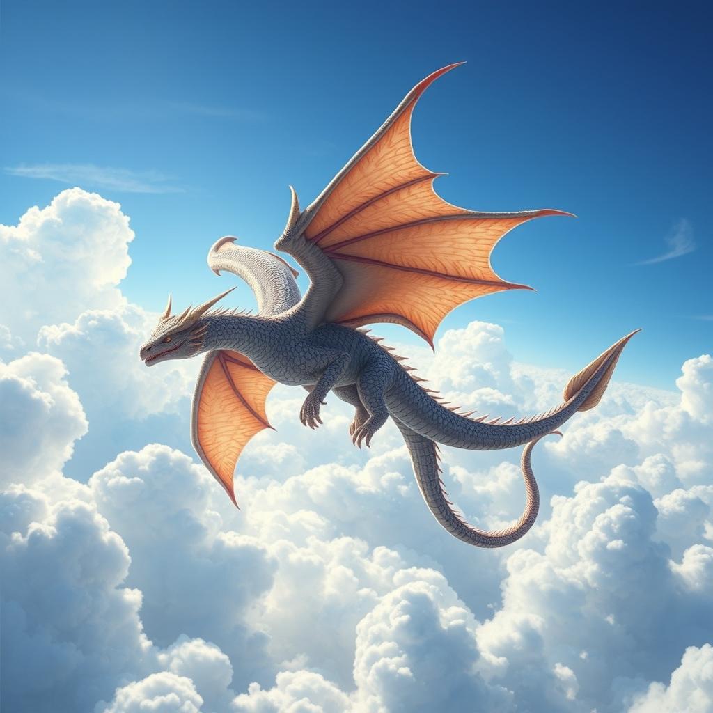 A majestic air dragon soaring through the sky with its wings spread wide, surrounded by clouds and a bright blue sky