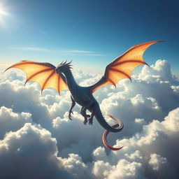 A majestic air dragon soaring through the sky with its wings spread wide, surrounded by clouds and a bright blue sky