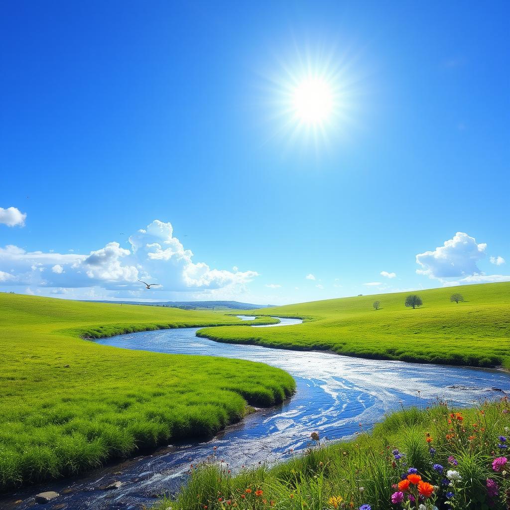 A serene landscape featuring a clear blue sky, lush green meadows, and a sparkling river flowing through the scene