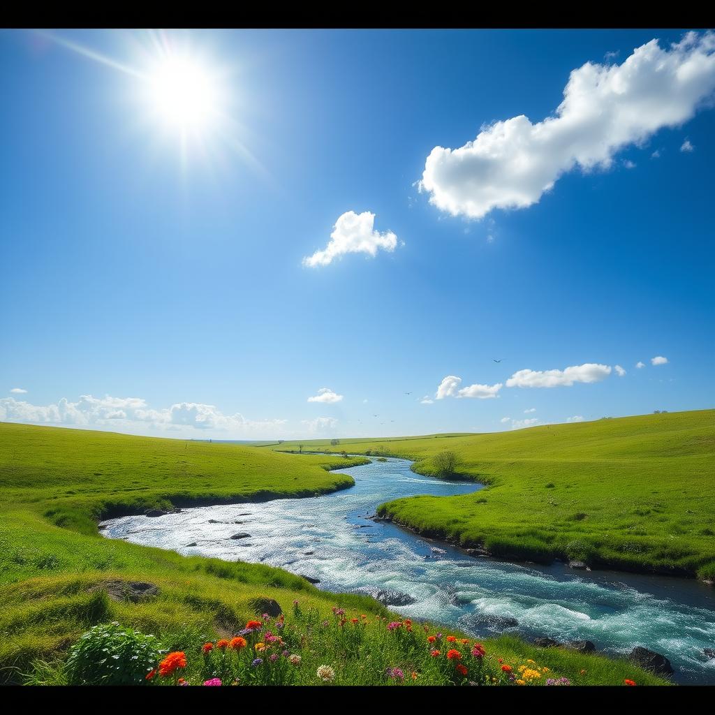 A serene landscape featuring a clear blue sky, lush green meadows, and a sparkling river flowing through the scene