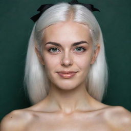 Photo of events of a naked girl 25 years, average build, with white hair. Proportional long square facial features, dimples in the cheeks, bow lips, large black eyebrows, smooth green medium eyes, swarthy skin.