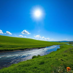 A serene landscape featuring a clear blue sky, lush green meadows, and a sparkling river flowing through the scene