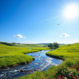 A serene landscape featuring a clear blue sky, lush green meadows, and a sparkling river flowing through the scene