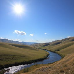 A beautiful landscape featuring rolling hills, a clear blue sky, and a serene river flowing through the scene