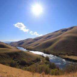 A beautiful landscape featuring rolling hills, a clear blue sky, and a serene river flowing through the scene