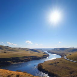 A beautiful landscape featuring rolling hills, a clear blue sky, and a serene river flowing through the scene