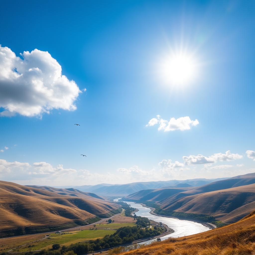 A beautiful landscape featuring rolling hills, a clear blue sky, and a serene river flowing through the scene