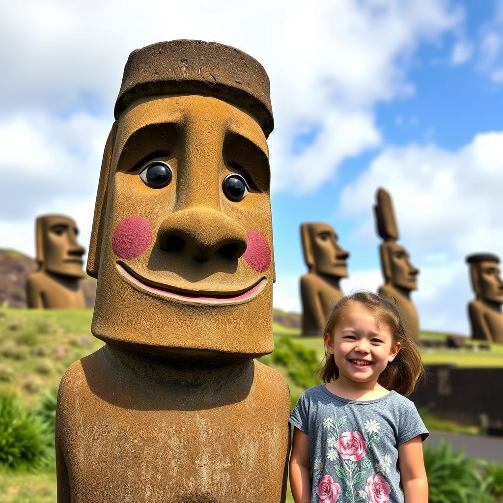 A friendly living moai statue with a little human girl next to it, set against the beautiful backdrop of Rapa Nui (Easter Island)