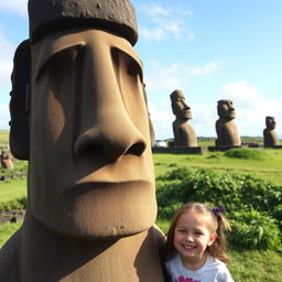 A friendly living moai statue with a little human girl next to it, set against the beautiful backdrop of Rapa Nui (Easter Island)