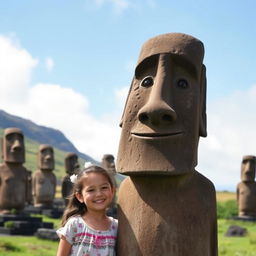 A friendly living moai statue with a little human girl next to it, set against the beautiful backdrop of Rapa Nui (Easter Island)