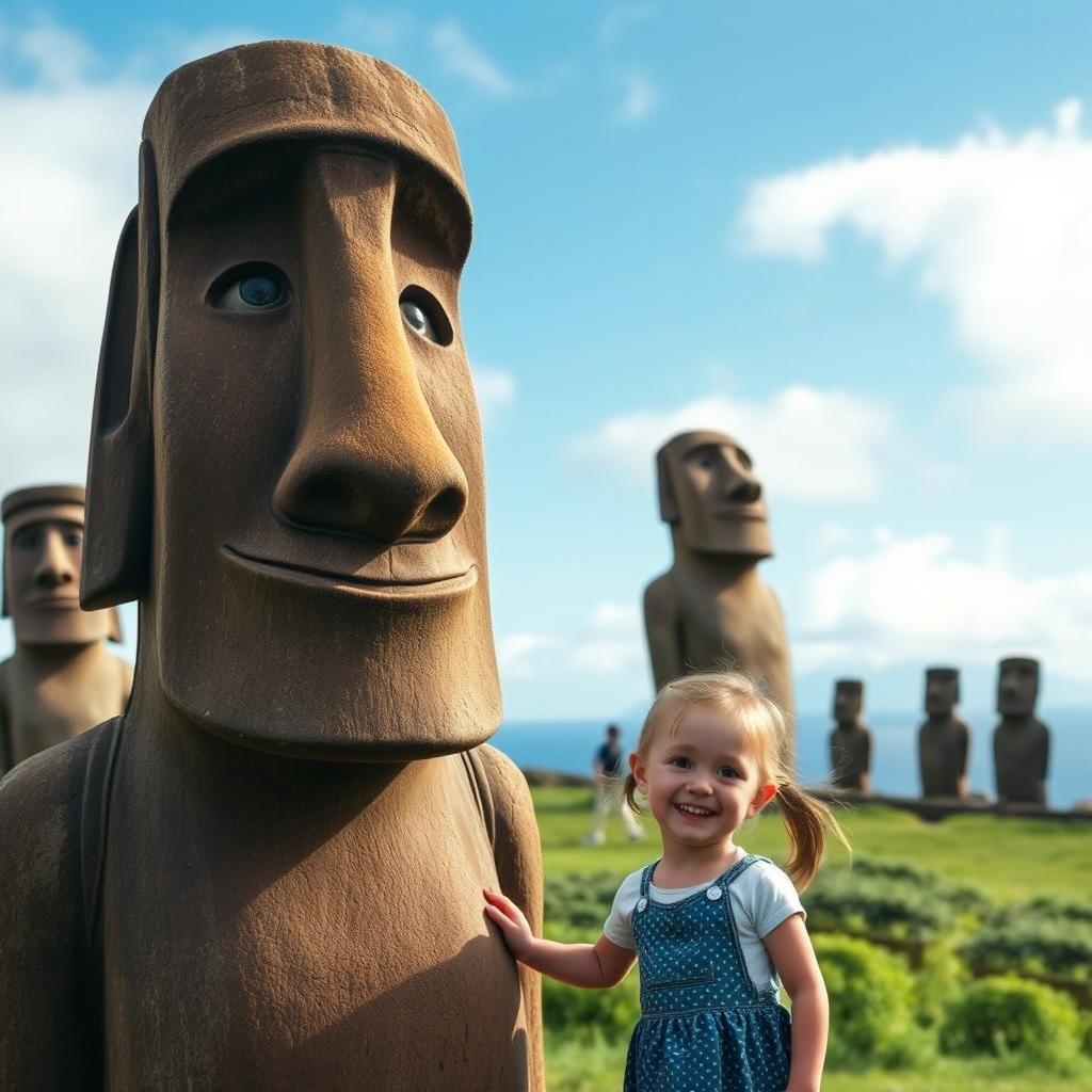 A friendly living moai statue with a little human girl next to it, set against the beautiful backdrop of Rapa Nui (Easter Island)