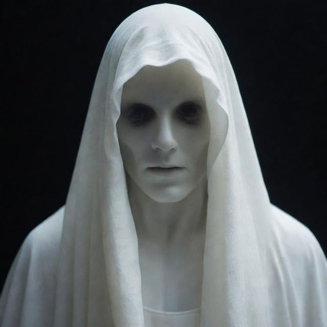 A ghostly figure shrouded in a floating white cloak, with a pale, eerie face partially hidden by the hood. Its facial features are vaguely discernible and its piercing, mysterious eyes glow in the dark.