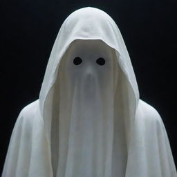 A ghostly figure shrouded in a floating white cloak, with a pale, eerie face partially hidden by the hood. Its facial features are vaguely discernible and its piercing, mysterious eyes glow in the dark.