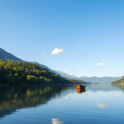 A serene landscape featuring a calm lake surrounded by lush trees and mountains in the background