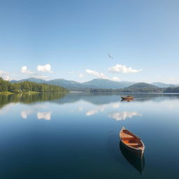 A serene landscape featuring a calm lake surrounded by lush trees and mountains in the background