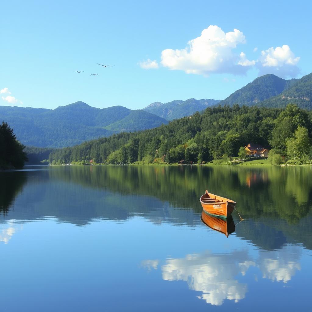 A serene landscape featuring a calm lake surrounded by lush trees and mountains in the background