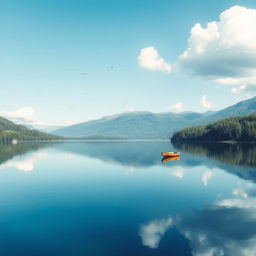 A serene landscape featuring a calm lake surrounded by lush trees and mountains in the background